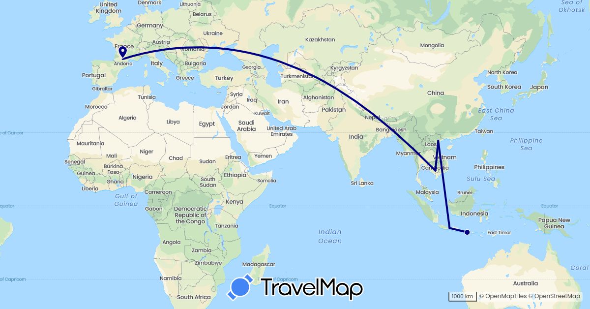 TravelMap itinerary: driving in France, Indonesia, Cambodia, Vietnam (Asia, Europe)